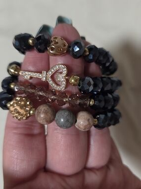 Gold & Black Heart Key Beaded Bracelet Stack
